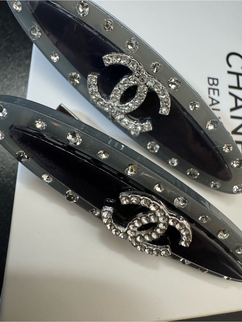 Chanel Black Crystal-Embellished Logo Hair Clips - Pair (set of 2) - Picture 4 of 8
